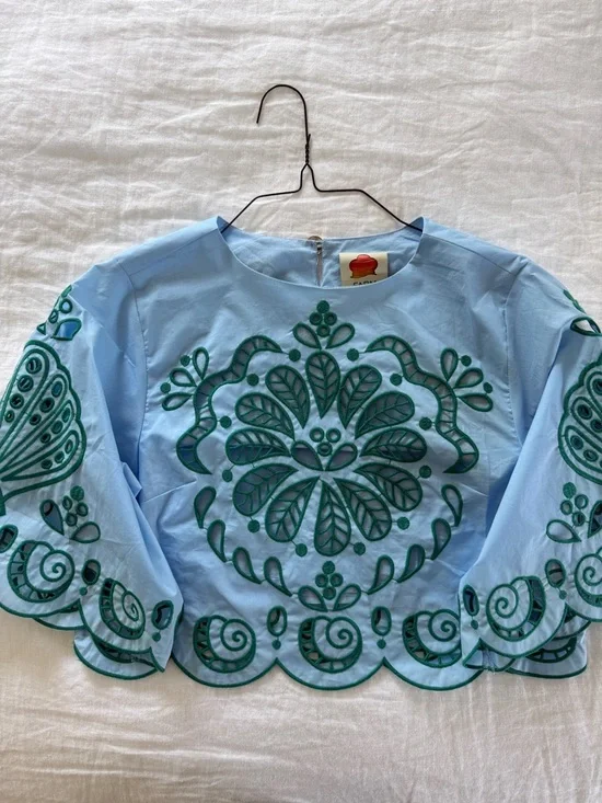 Farm Rio Light Blue And Green Graphic Richelieu Crop Top - Picture 5 of 9